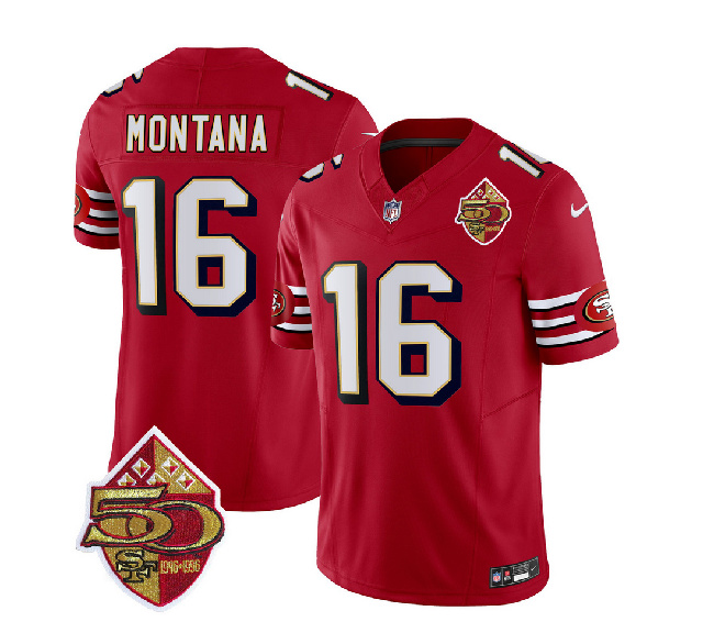 Men's San Francisco 49ers #16 Joe Montana Red 2023 F.U.S.E. 50th Patch Throwback Football Stitched Jersey